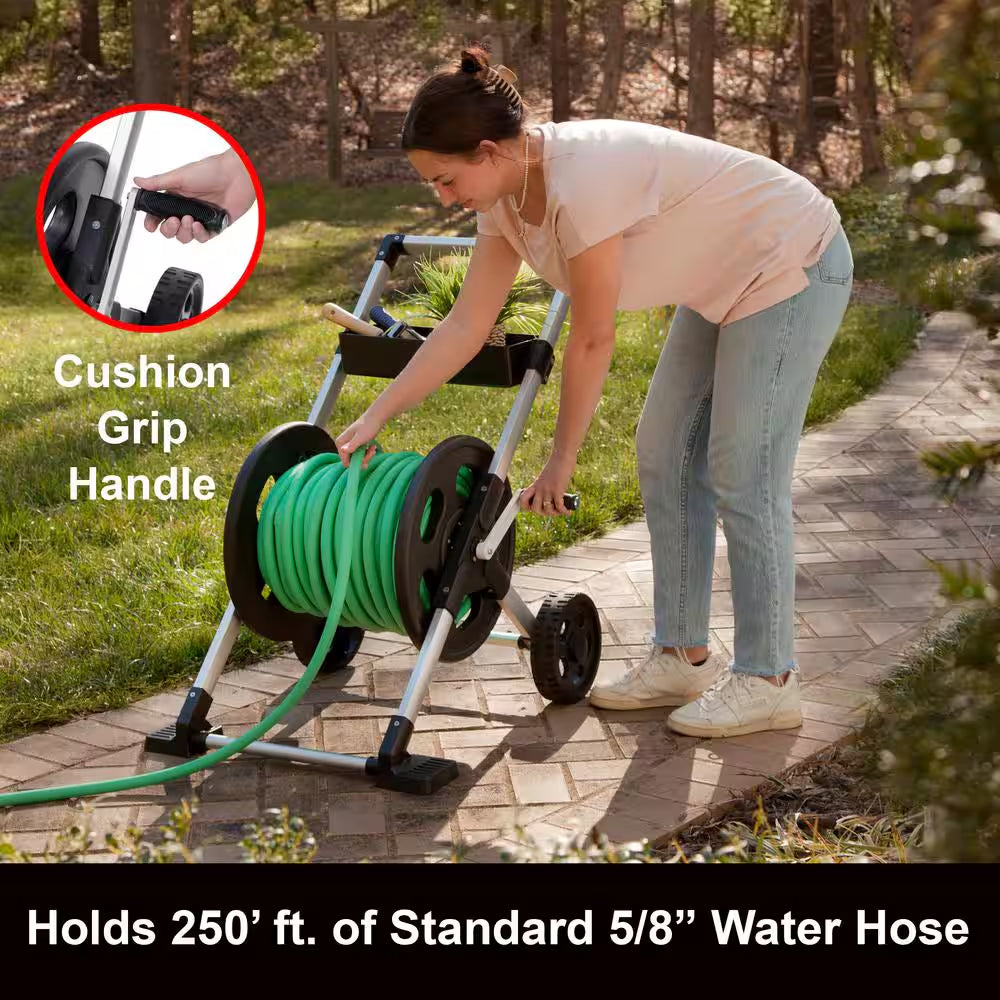 250 Ft. Silver Aluminum 2 Wheel Hose Cart Garden Hose Reel