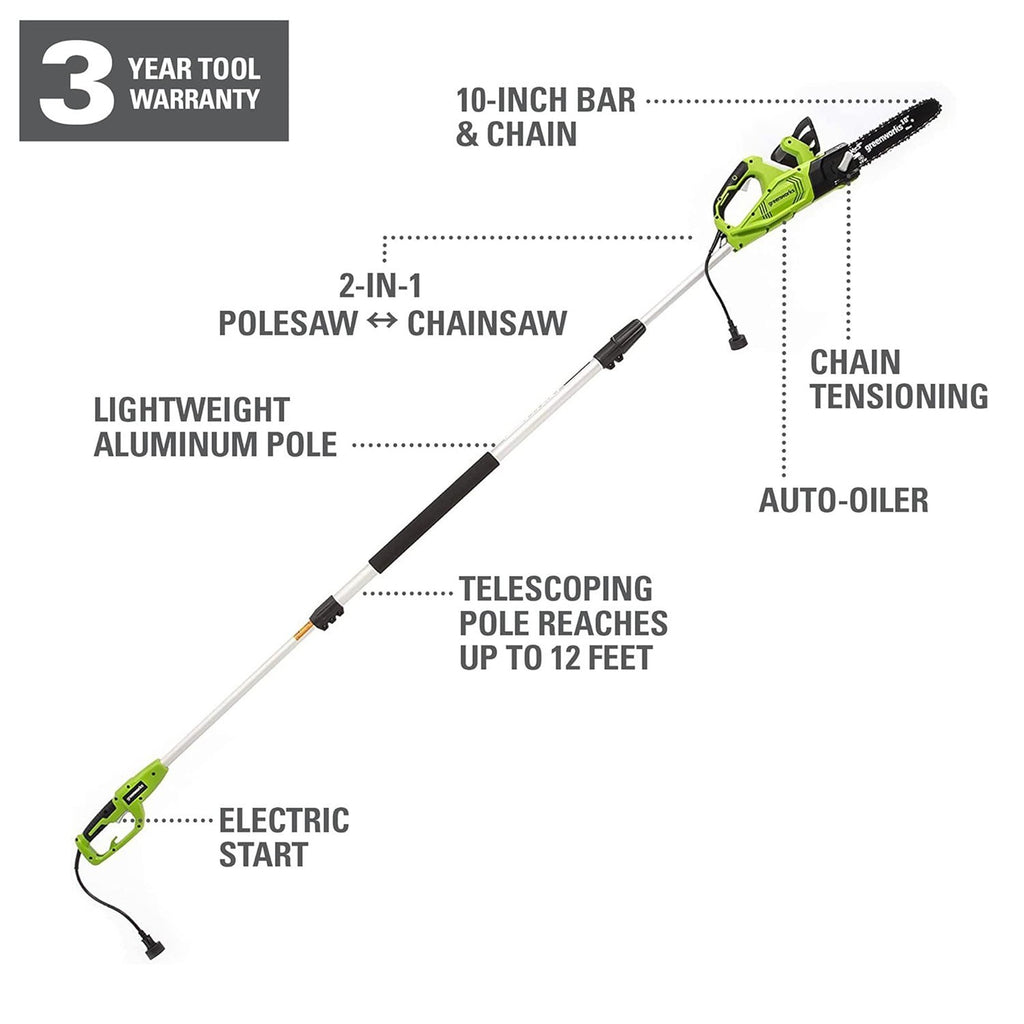 Greenworks 10 Inch Corded Electric Pole Saw and Chainsaw (2-In-1) Max Reach 12Ft