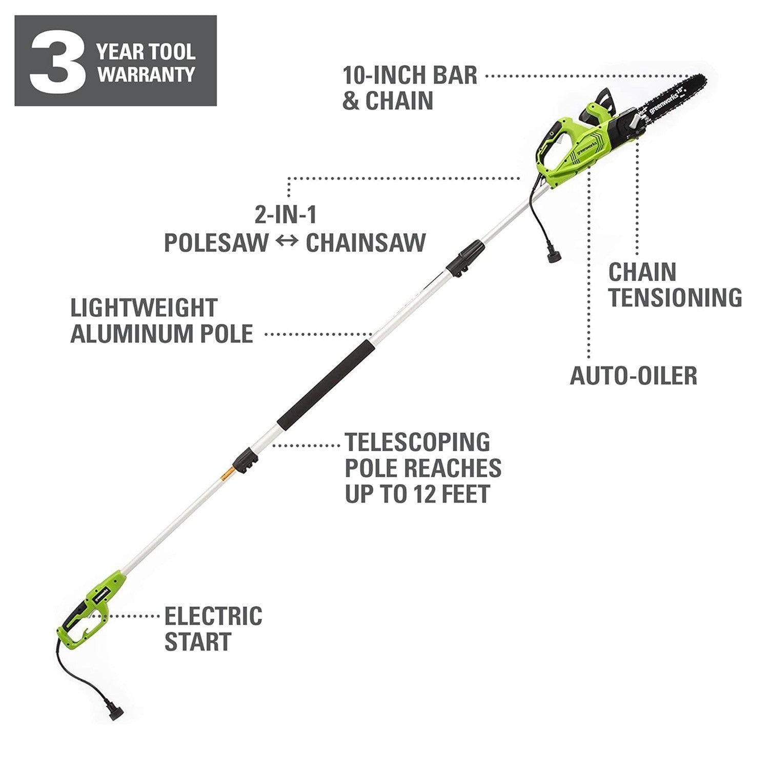 Greenworks 10 Inch Corded Electric Pole Saw and Chainsaw (2-In-1) Max Reach 12Ft